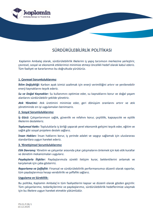 SÜRDÜRÜLEBİLİRLİK POLİTİKASI