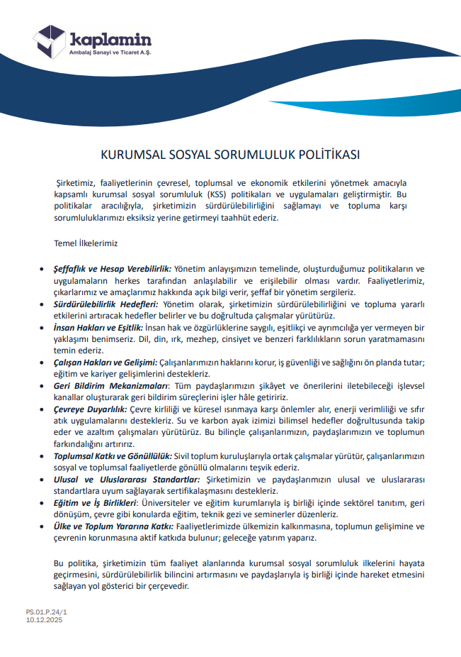 KURUMSAL SOSYAL SORUMLULUK  POLİTİKASI