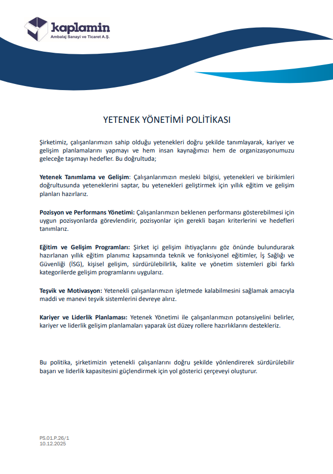 YETENEK YÖNETİMİ POLİTİKASI